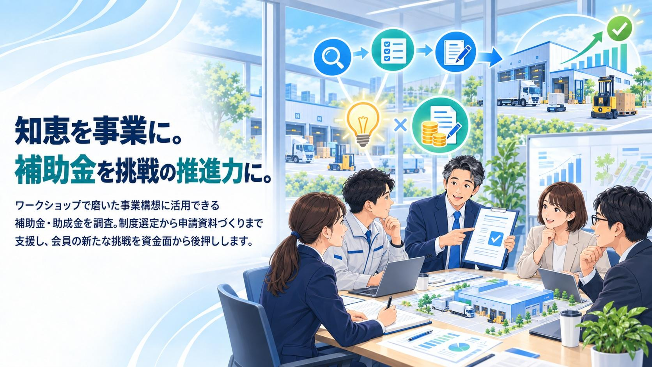 知恵を事業に。補助金を挑戦の推進力に。ワークショップで磨いた事業構想を補助金・助成金で支援するイメージ