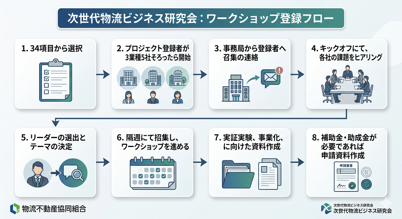 次世代物流ビジネス研究会のワークショップ登録フロー。34項目からの選択、登録者の募集、事務局からの連絡、キックオフ、リーダー選出、ワークショップ、実証実験や事業化に向けた資料作成、補助金・助成金の申請資料作成までの流れを示す図