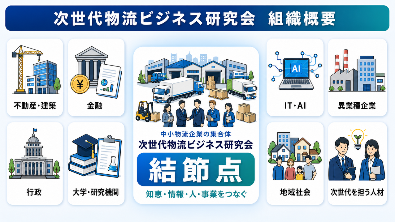 次世代物流ビジネス研究会の組織概要。不動産・建築、金融、IT・AI、異業種企業、行政、大学・研究機関、地域社会、次世代を担う人材をつなぐ結節点を示す図